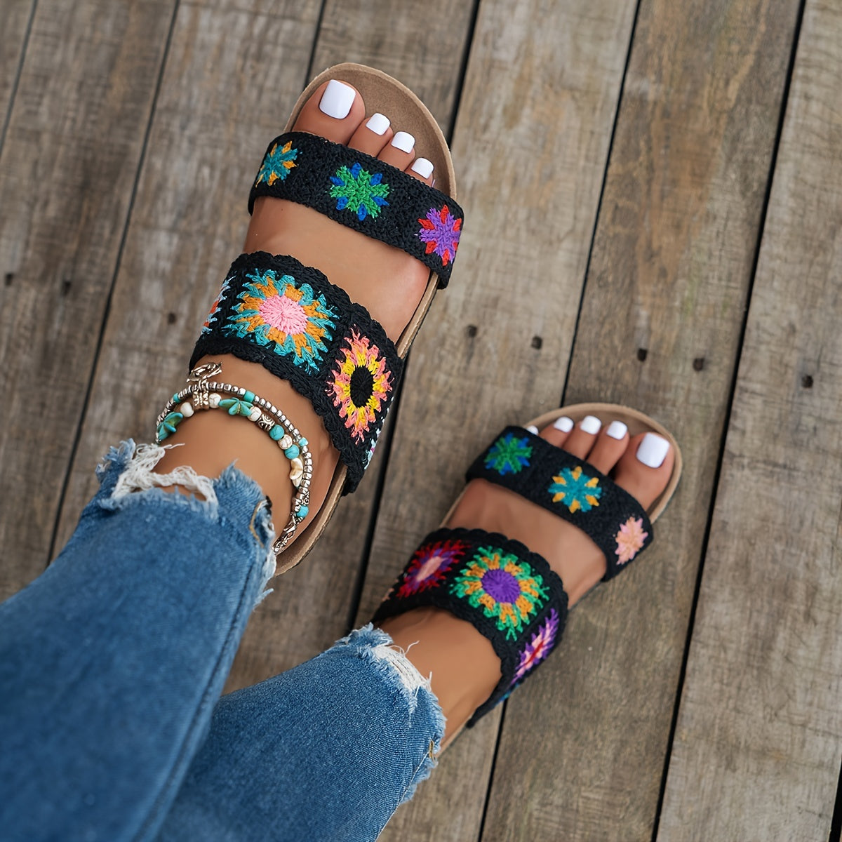 Women's Black Apricot Knitted Cute Floral Double-V Straps Round Toe Open-Toe Slip-On Fashionable Versatile Flat Slippers with Non-Slip Wear-Resistant Large Size Home Shoes Suitable for Vacation Travel Bohemian Style Sandals