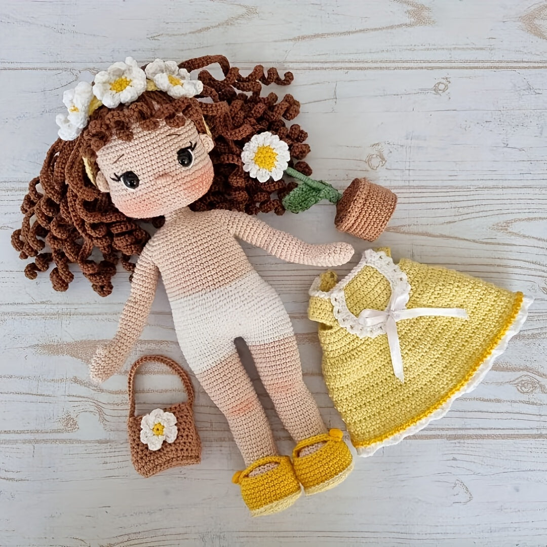 1pc/set, Amigurumi adult crochet DIY, hand-knitted yellow dress little flower princess, suitable for beginners, including everything needed for crochet, paper English basic knitting tutorial manual, exquisite gift packaging bag, healing character figure o