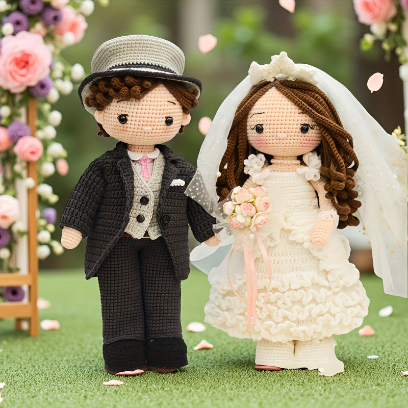 Beginner Crochet Kit for Adults - DIY Newlywed Couple Pattern Yarn Set with Step-by-Step Video Tutorials, Romantic Wedding Figurine, Ideal for Home Decor and Gifts, Beginner Crochet Projects|Decorative Item|Knitted Texture, Crochet Kit for Beginners, Wedd