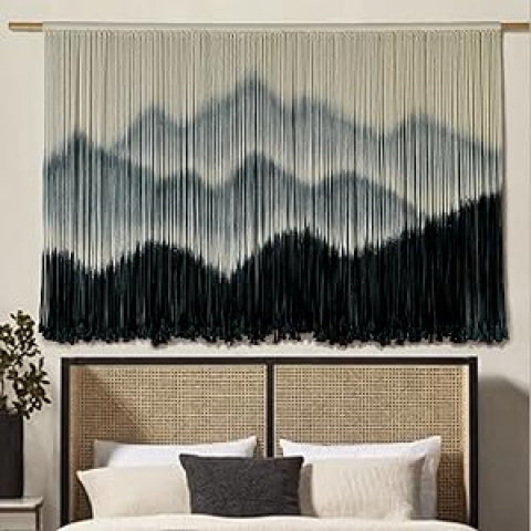 【Family relaxation】Large Bohemian Macrame Wall Hanging Canvas - Stripes、Gradient Blue and Black Fiber Art,Perfect for modern home decor,51Inches Wide x 31Inches Long,Cotton material,Bohemian Home Decor|Striped Pattern|Handmade Textile Products,McLamy Wall
