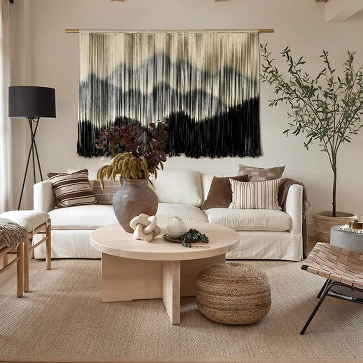 【Family relaxation】Large Bohemian Macrame Wall Hanging Canvas - Stripes、Gradient Blue and Black Fiber Art,Perfect for modern home decor,51Inches Wide x 31Inches Long,Cotton material,Bohemian Home Decor|Striped Pattern|Handmade Textile Products,McLamy Wall