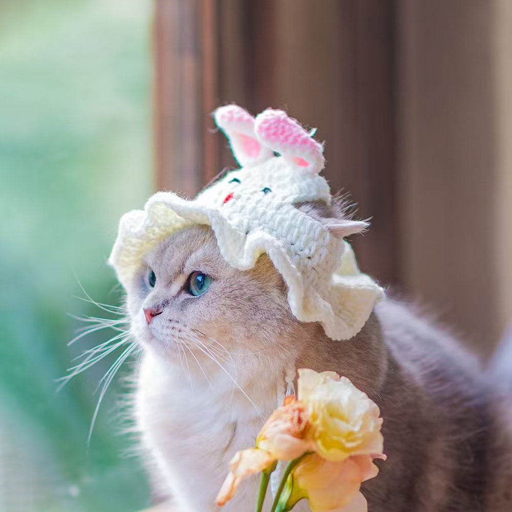 2Elegant Crochet Cat Hat with Bunny Ears,Ruffled edges and floral decorations - 100% Polyester Pet Clothing for Small to Medium Cats - Birthday、Holiday and Travel Photography Accessories - Comfortable Pet Clothing,Cute Bunny Theme,Comfortable Close-Fittin