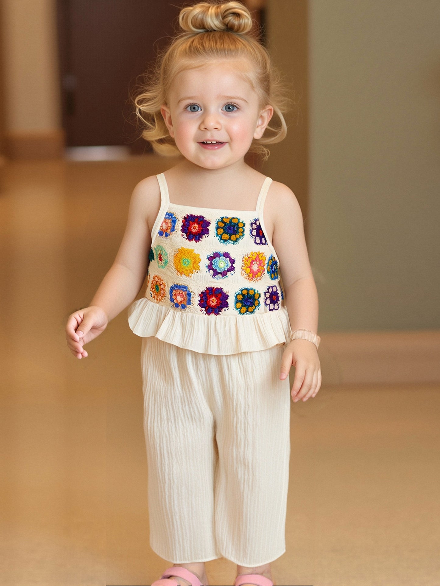 Toddler Girl 2 Decorative Flowers in Bulk/Fruit Rolled Hem Tank Tops and Elastic Pants Set Baby Summer Outfits,Outdoor