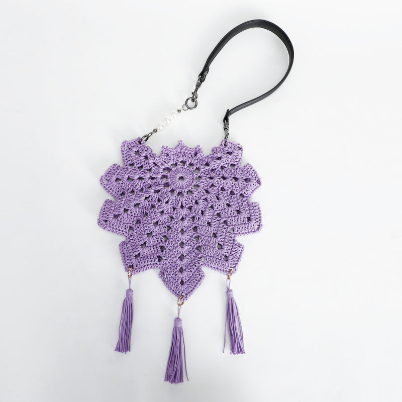 Handmade Crocheted Snowflake Hollow Crossbody Bag Pearl Tassel Leather Shoulder Strap Ethnic Style Retro Shoulder Bag