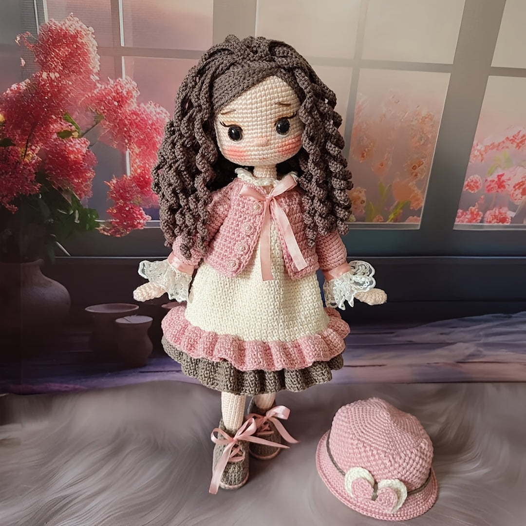 1 Set of Little Girl in Pink Dress with Beautiful Hat, DIY Crochet Material Pack for Adults Includes Yarn, Hook, English Manual and Step-by-Step Video Teaching, Perfect Holiday Gift, Easter, Valentine'S Day, Birthday Present - Unfinished