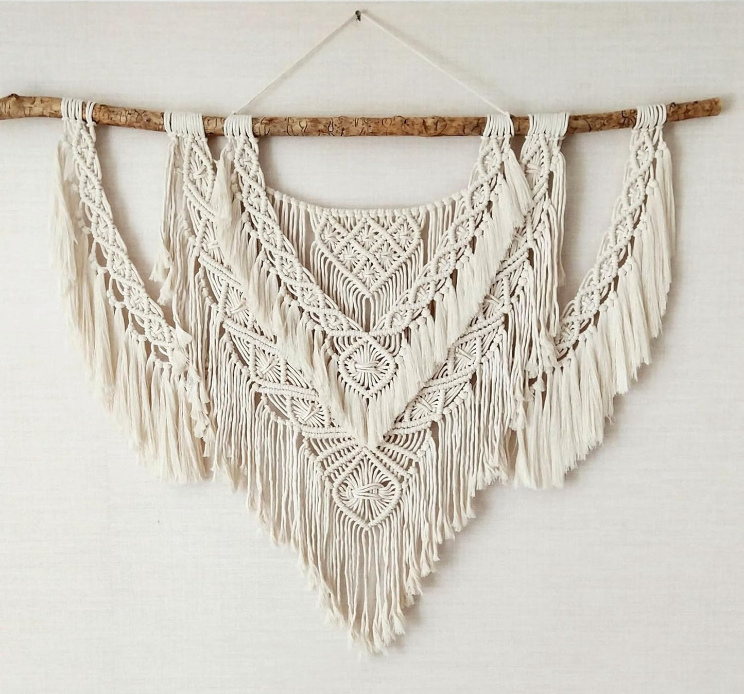 39 Inches Wide x 31 Inch Long Bohemian Style Driftwood Wall Hanging Tapestry,Featuring white tassels and intricate crochet patterns - Perfect for Bedroom、Living Room、Apartment and Wedding Decoration、Home Decoration and Accessories