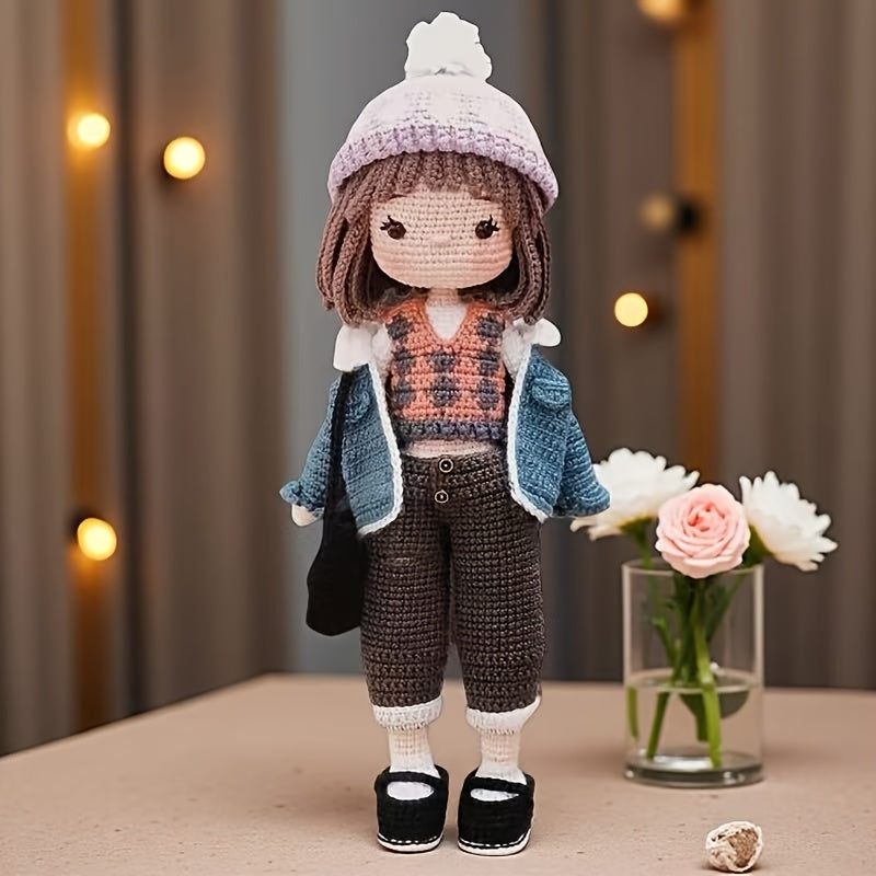 7pcs Crochet Kit for Beginners - Cool Girl in Denim Jacket, Cute Character Crochet Set with Step-by-Step Video Tutorial, Ideal for Backpack Charms, Home Decor, Mother'S Day & Valentine'S Gift, Wedding Display!