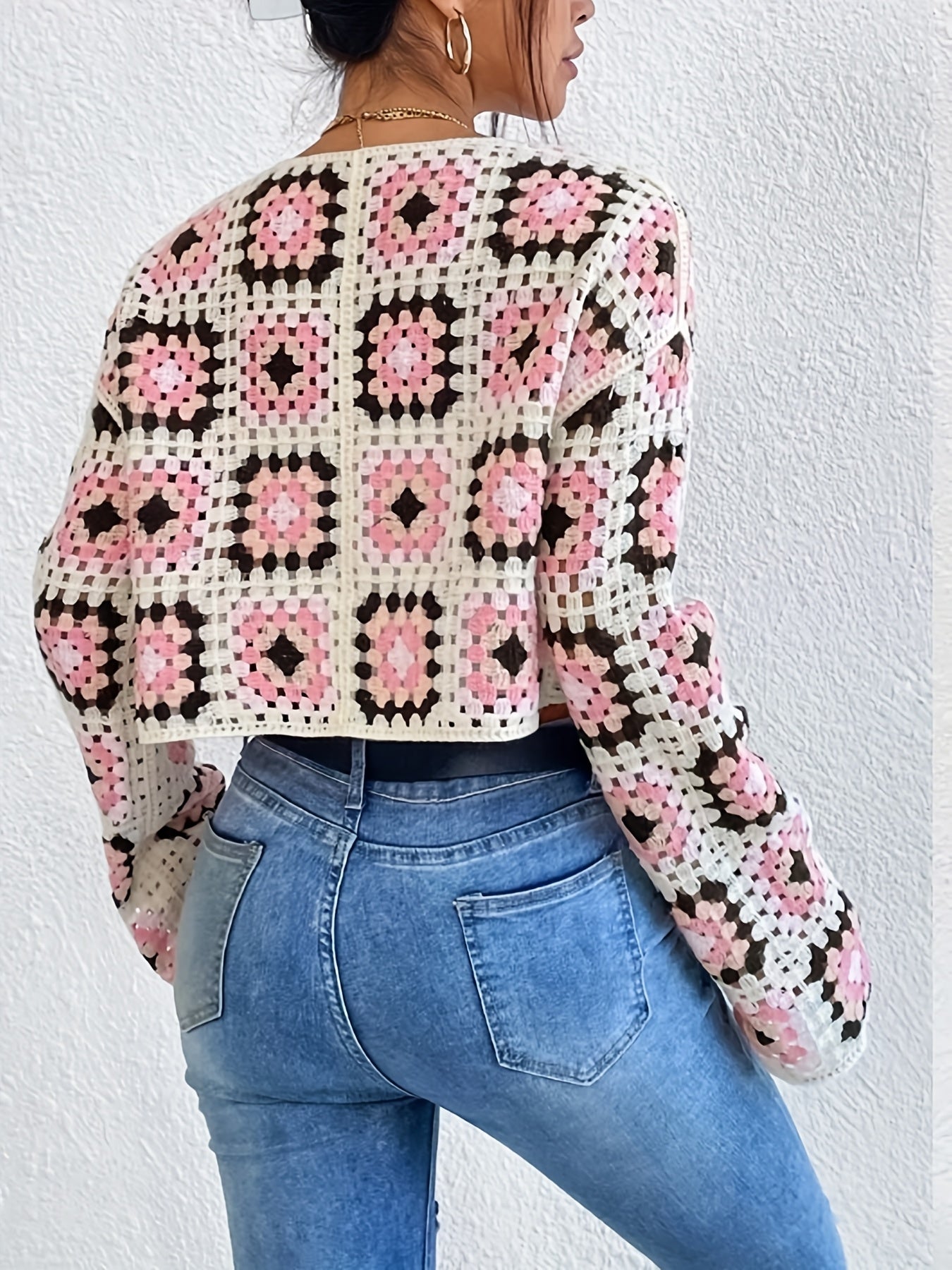 Women's Bohemian Cardigan - Open Front Placket Semi-Sheer Long Sleeve Grid Pattern Crochet Cover-Up, Loose Fit Spring Summer Layering Piece, Hand Wash Only, Lightweight Cardigan, Casual Coverup, Spring Outerwear, Elegant Openfront, Handwashable Fabric, In