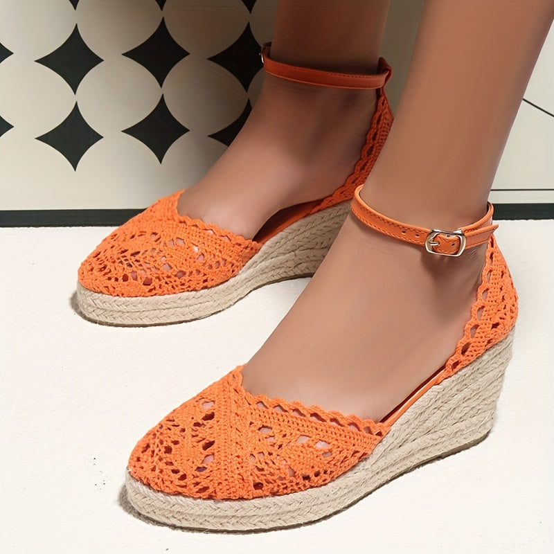 Elegant Women'S Fashionable Flat Sandals - Orange Crochet Design, Thick Sole, Ankle Strap with Buckle, Round Toe, Comfortable High-Heel Sandals for Summer, Casual Footwear | Crochet Sandals | Platform Sandals