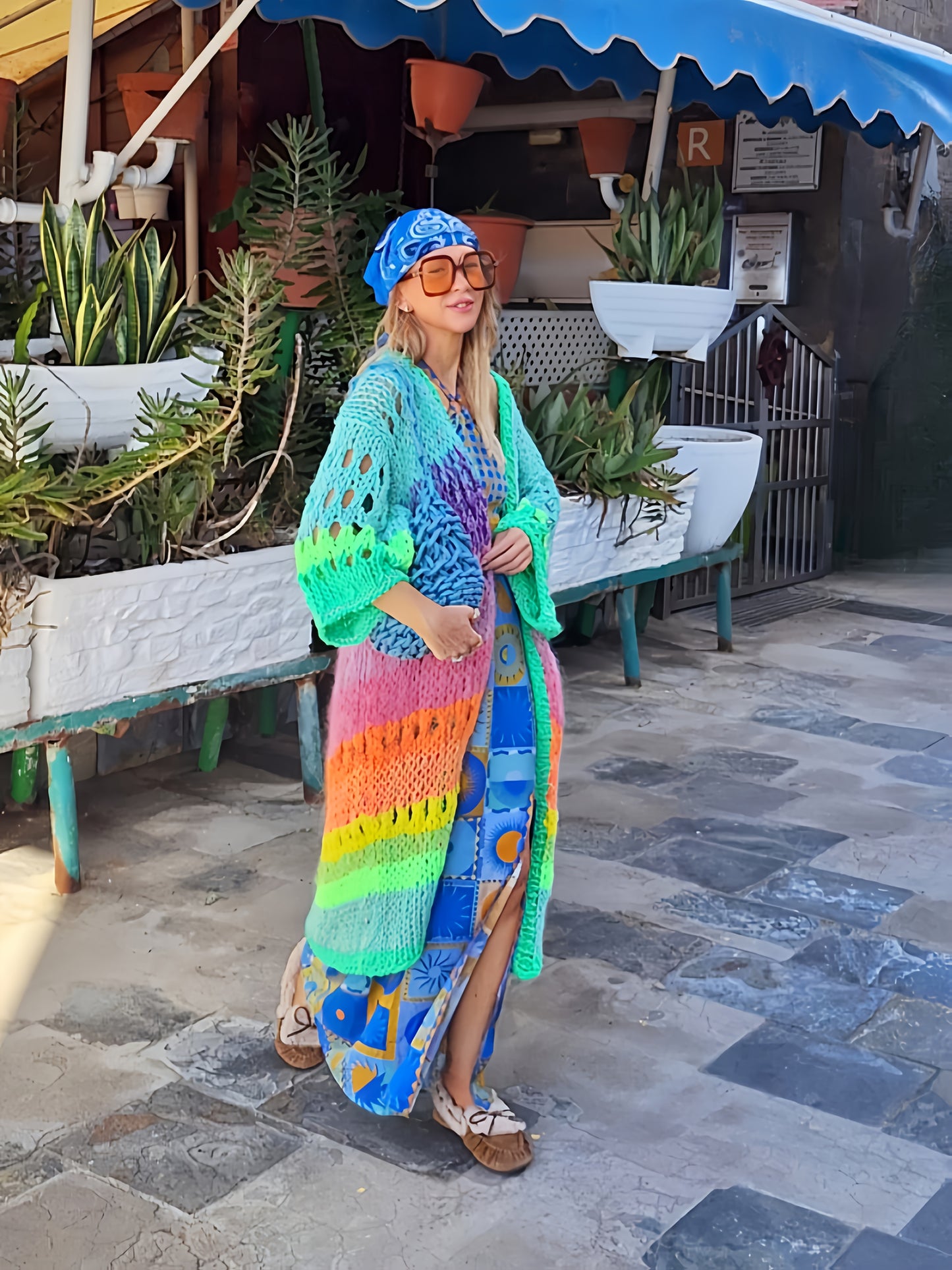Luxurious hand- colorful Women's warm coat gradient bright color retro lantern sleeve ribbon cardigan fashionable boho long chic Women's coat Swimsuit Cover-ups K12