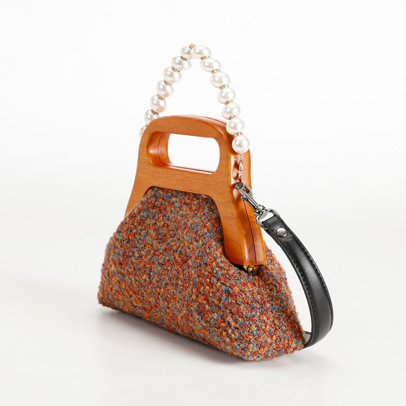 Elegant French Handbag Multicolored Wool Body Wood Handle Detachable Pearl Chain