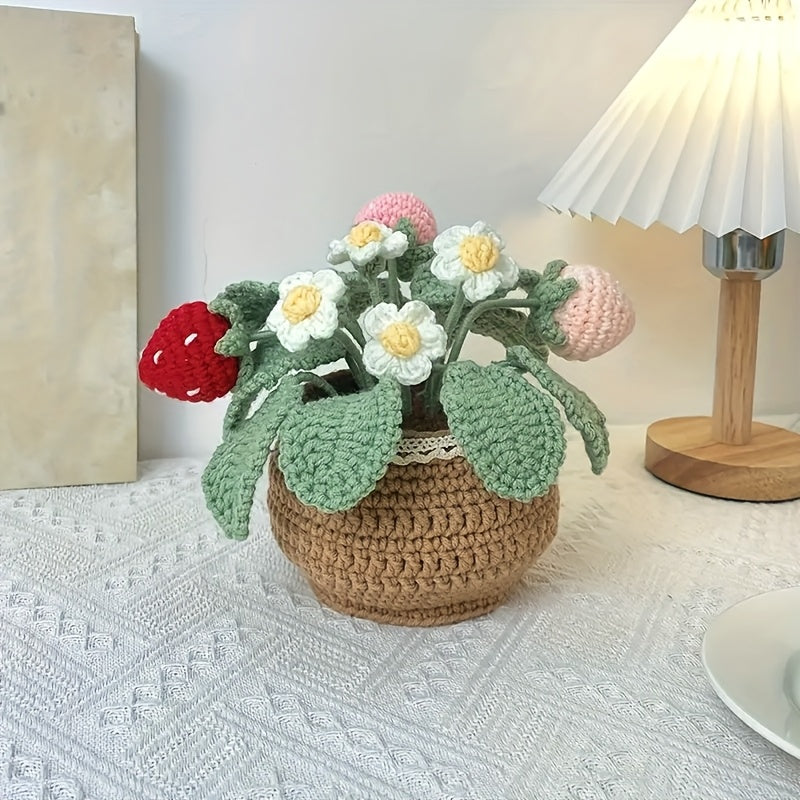 1Handwoven Strawberry and White Flower Pot Plant - Eternal Fabric Flowers,Lucky Strawberry for Car and Home Decoration