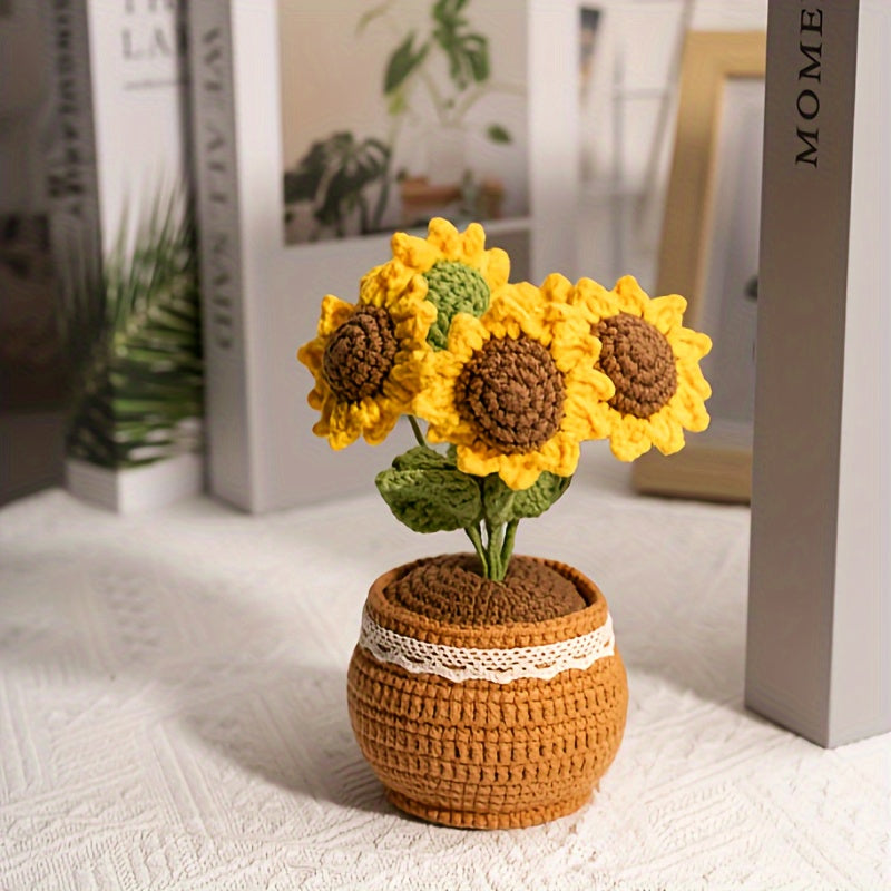Room Decoration 1 Handmade Crochet Sunflower Potted Plant,Positive Vibration Polyester Fiber Desktop Decoration,Suitable for Living Room,Home Decoration,Christmas Decorations,Best Gift