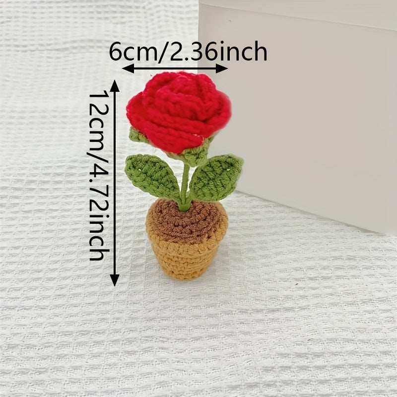 1PC Handmade Crochet Mini Potted Rose Tulip Office Decoration Yarn