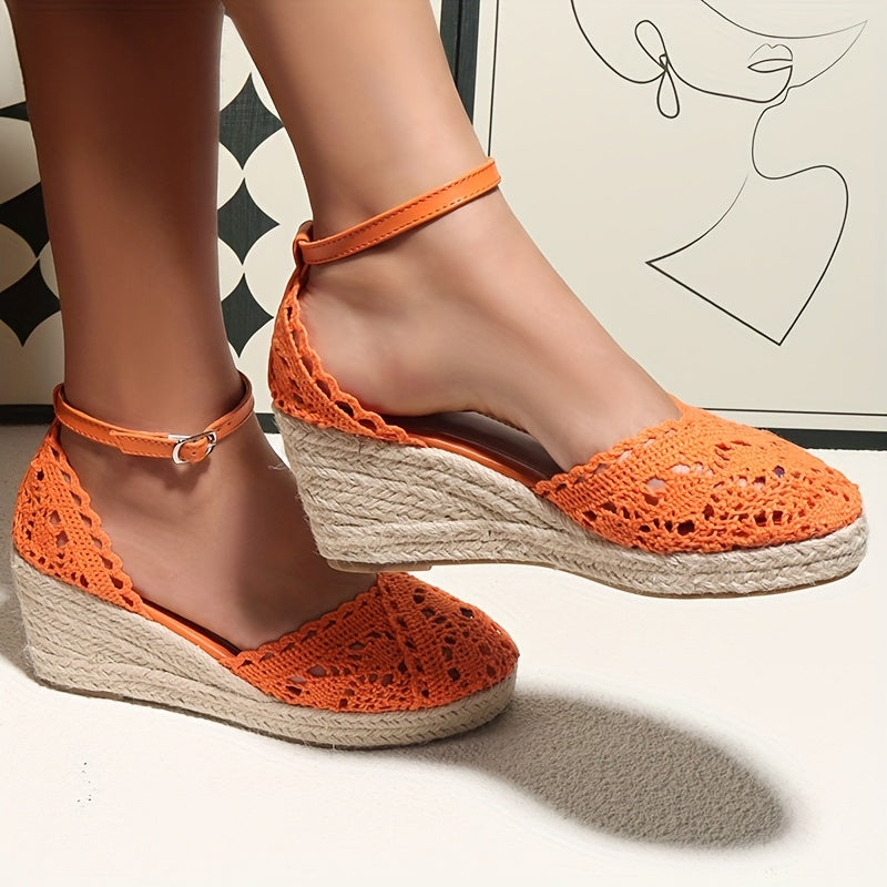 Elegant Women'S Fashionable Flat Sandals - Orange Crochet Design, Thick Sole, Ankle Strap with Buckle, Round Toe, Comfortable High-Heel Sandals for Summer, Casual Footwear | Crochet Sandals | Platform Sandals