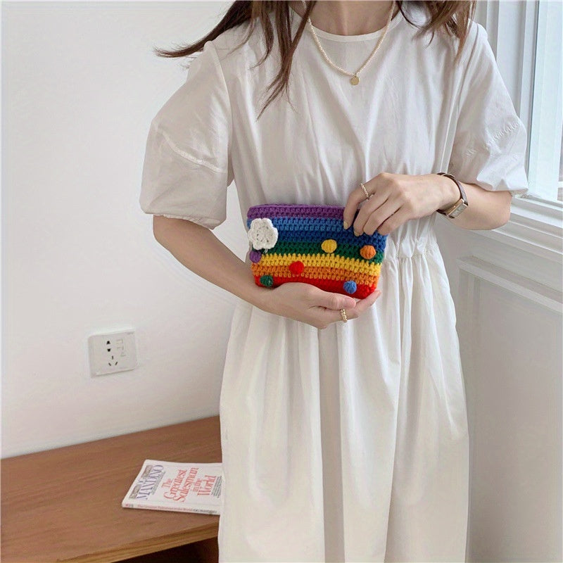 Handwoven Rainbow Coin Purse,Stylish Lightweight Knitted Cosmetic Bag and Phone Pouch,Sweet and Colorful Handmade Wallet Suitable for Women,Daily Use、An ideal choice for travel and party gifts
