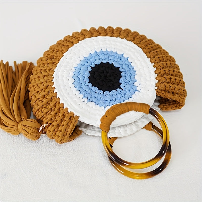 Handmade Crochet Large Capacity Bohemian Tote Bag,Eye-catching Geometric Patterns and Strap Details,Perfect for travel and outdoor activities