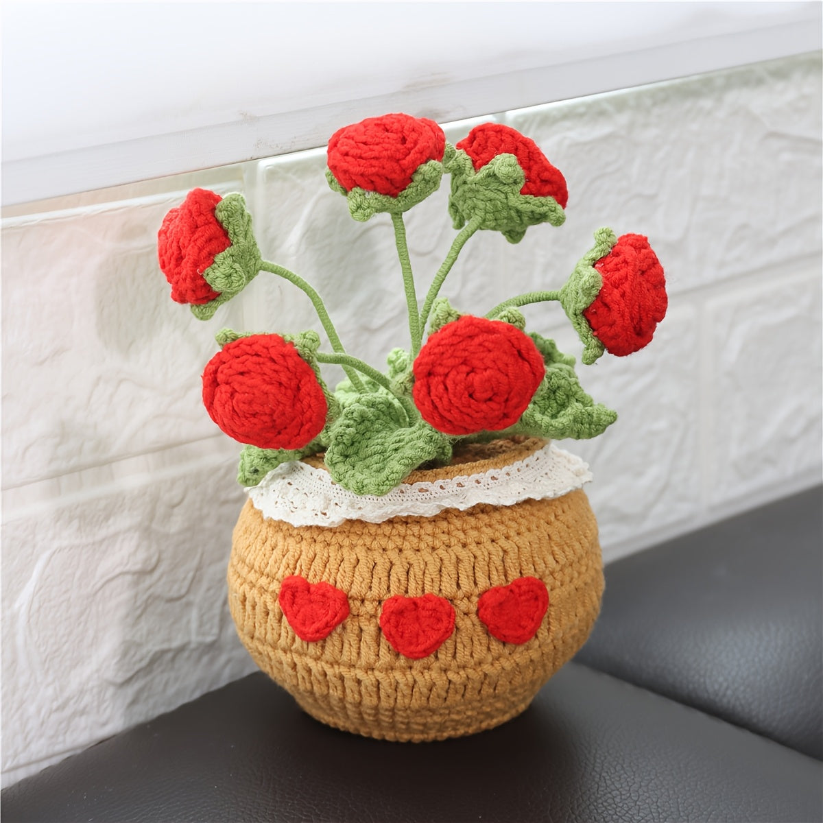 1Crochet Yarn Flower Pot Plant Car Ornament Eternal Flower Yarn Ornament Bonsai Gardening Handmade Crochet Lucky Tulip Yarn Potted Plant Artificial Living Room Decoration Father's Day Mother's Day Graduation Season Halloween Christmas Decoration Artificia