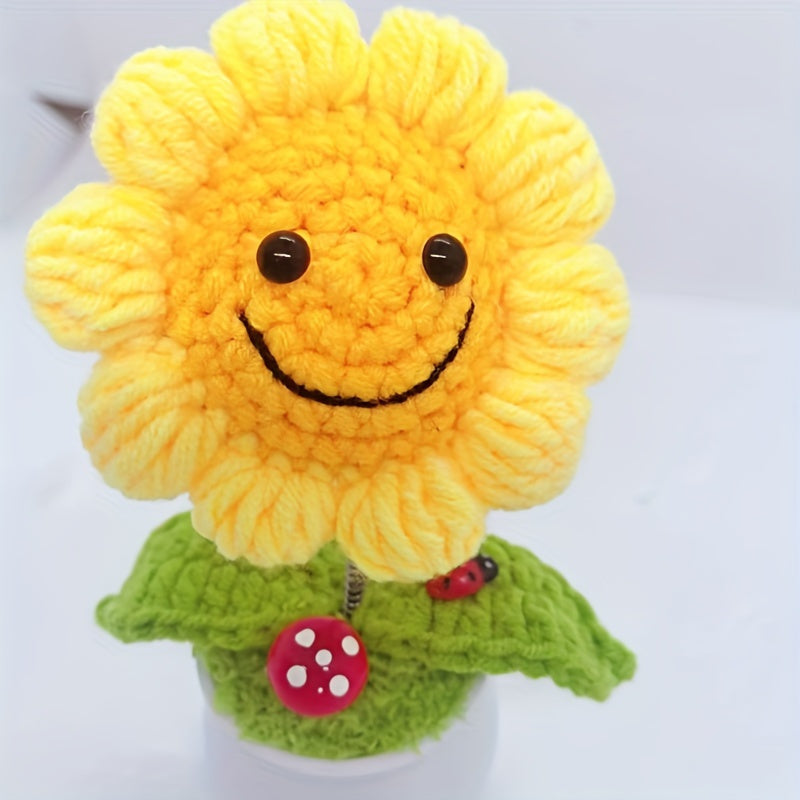 【Interior Decoration】Handmade Crochet Sunflower Potted Plant - Bright yellow and green smiling sunflowers,There is a red ladybug on the mushroom,Ideal Graduation Gift and Charming Car Decoration