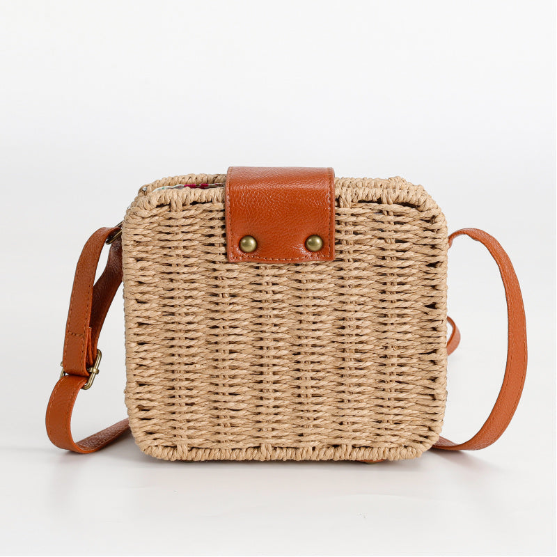 Vintage Mori Style Beige Woven Square Handbag Brown Leather Flip Metal Buckle Lock Commute Leisure Dual-Use Tote Bag