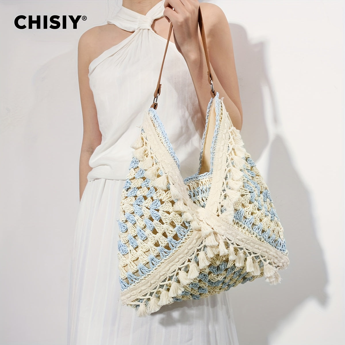 CHISIY Handmade Crochet Beach Tote Bag - Light Blue and White Woven Straw Shoulder Bag,Zipper Closure,Casual summer style suitable for women,Beach bag,Vacation Accessories,Woven Texture
