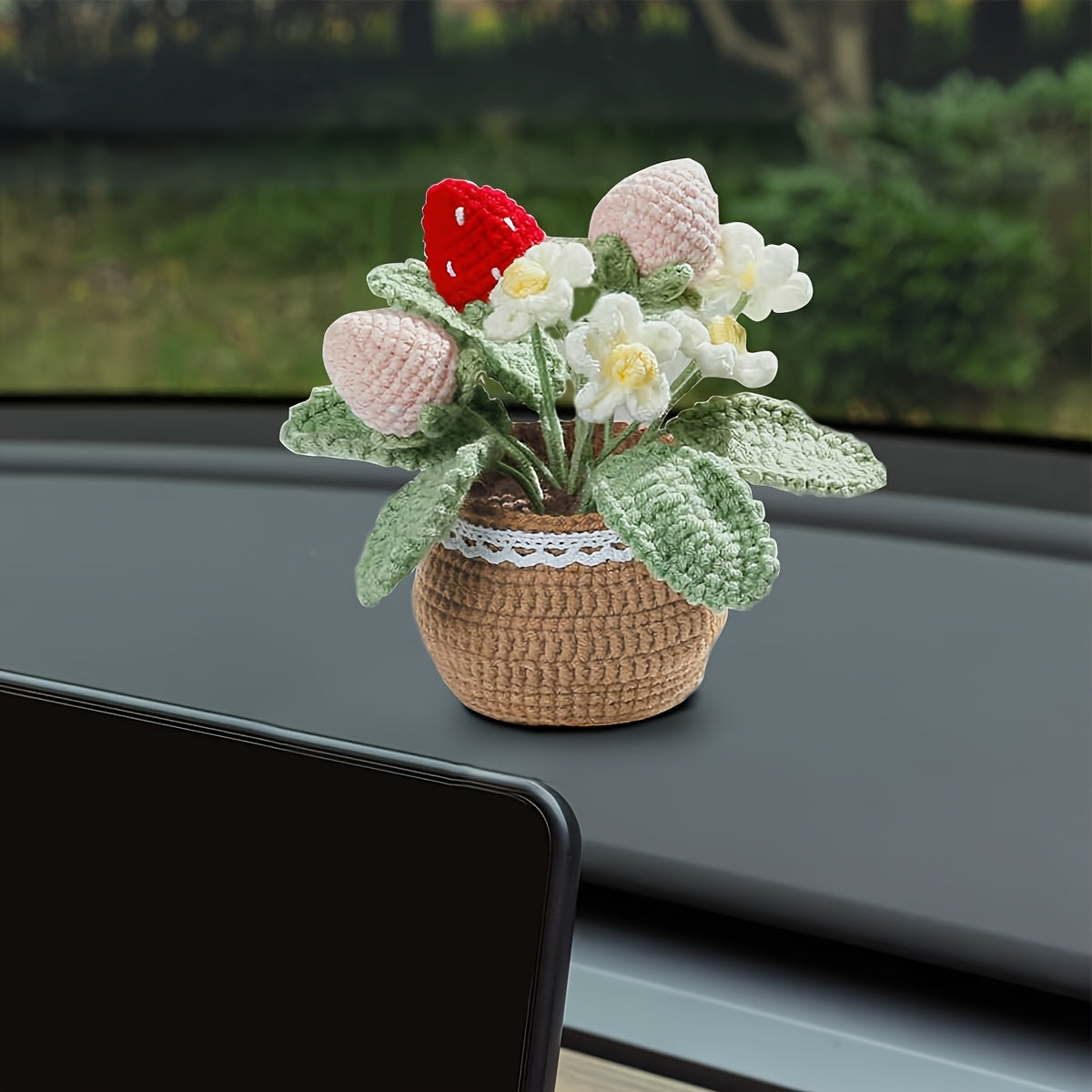 1Handwoven Strawberry and White Flower Pot Plant - Eternal Fabric Flowers,Lucky Strawberry for Car and Home Decoration