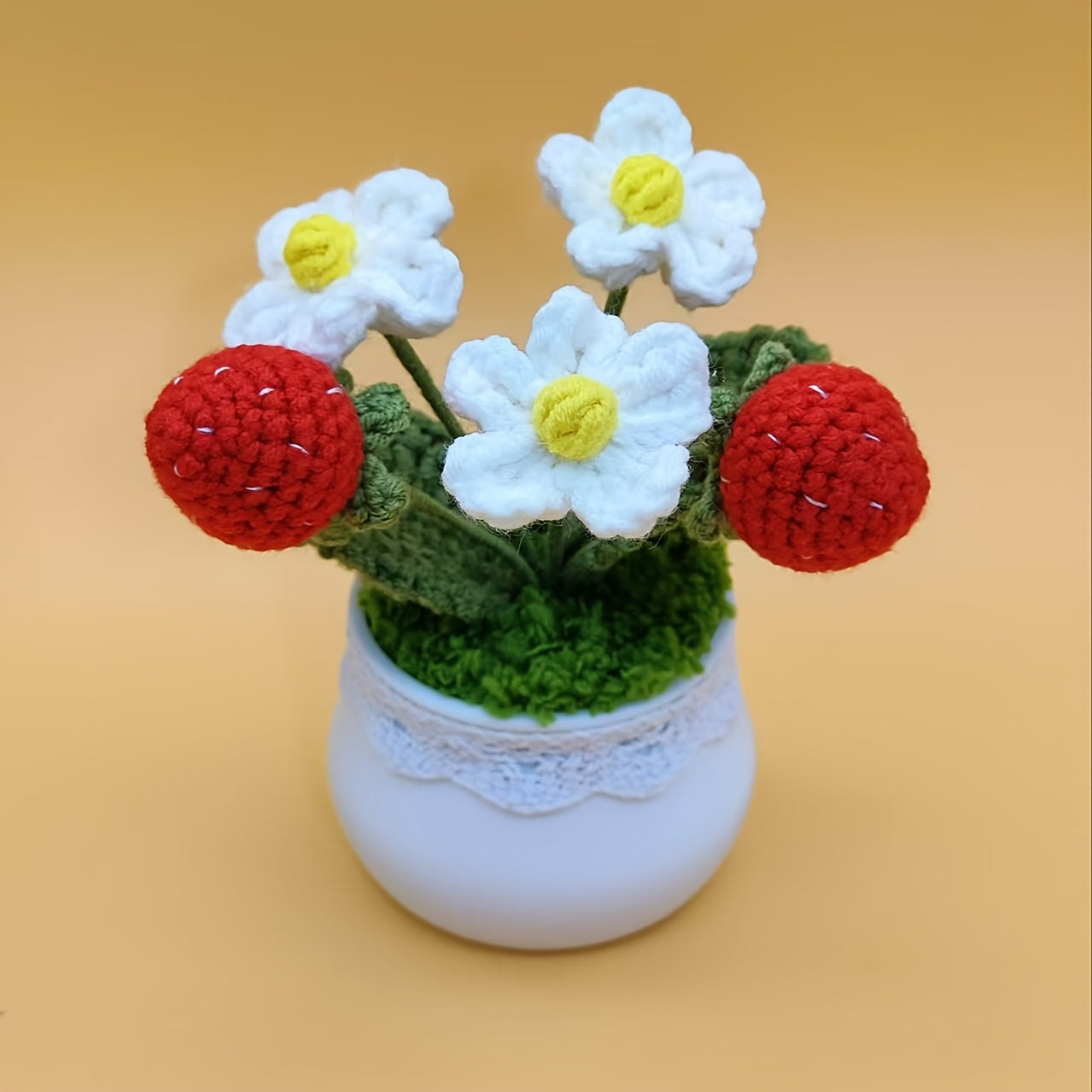 Handmade Lace Decorated Strawberry Flower Pot,Artist Crafted with Care,Suitable for home and office display,Perfect Housewarming Gift、Valentine's Day Gift、Birthday Gift、Gift from classmates、Car ornament or graduation/Christmas/Independence Day Celebration