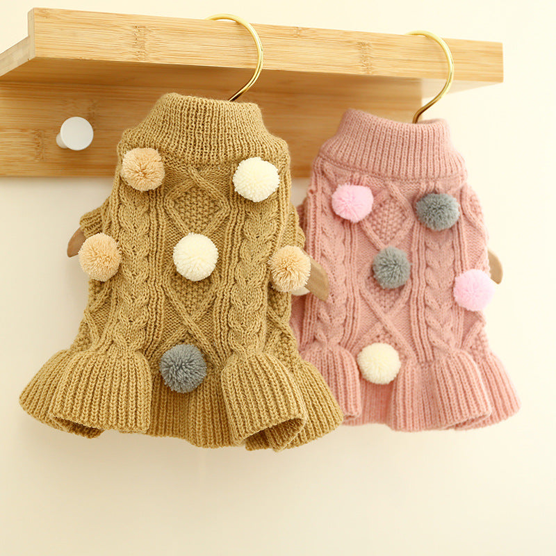 Puppy Pet Clothes Autumn Winter Knitted Warm Sweater Teddy Bichon Small Dog Pullover Yarn Dress-Pleated Wool Dress