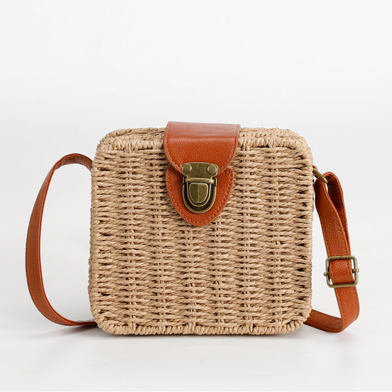 Vintage Mori Style Beige Woven Square Handbag Brown Leather Flip Metal Buckle Lock Commute Leisure Dual-Use Tote Bag