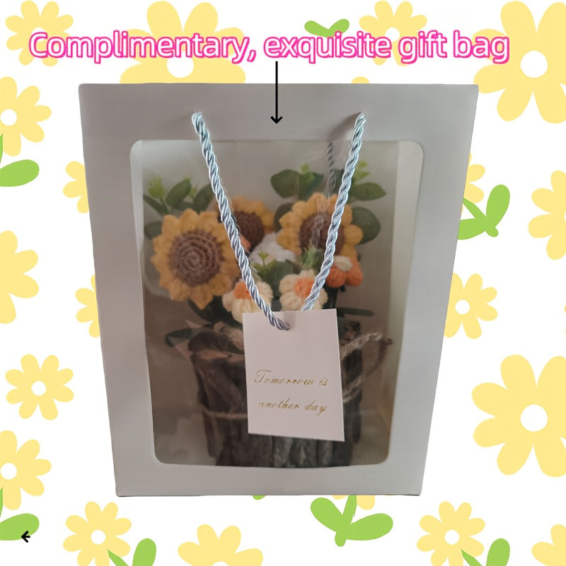 1 Handmade Crochet Sunflower Bouquet,Suitable for home decoration and desktop display,Simulated Polyester Flower,Christmas、Halloween、Easter、Thanksgiving Day、Seasonal Decorations for Valentine's Day and Mother's Day - No Battery Required