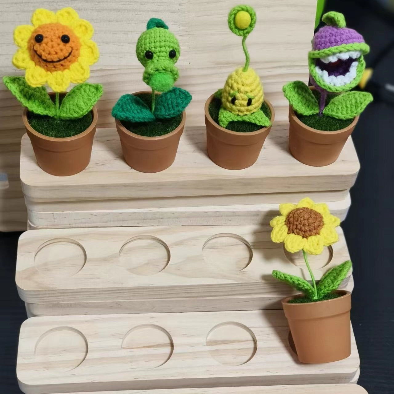 4Set of Artificial Sunflower, Pea, and Corn Plants Crochet Mini Potted Desktop Decorations Birthday Gift Car Home Outdoor Decoration Handicrafts Car Dashboard Hanging Decoration
