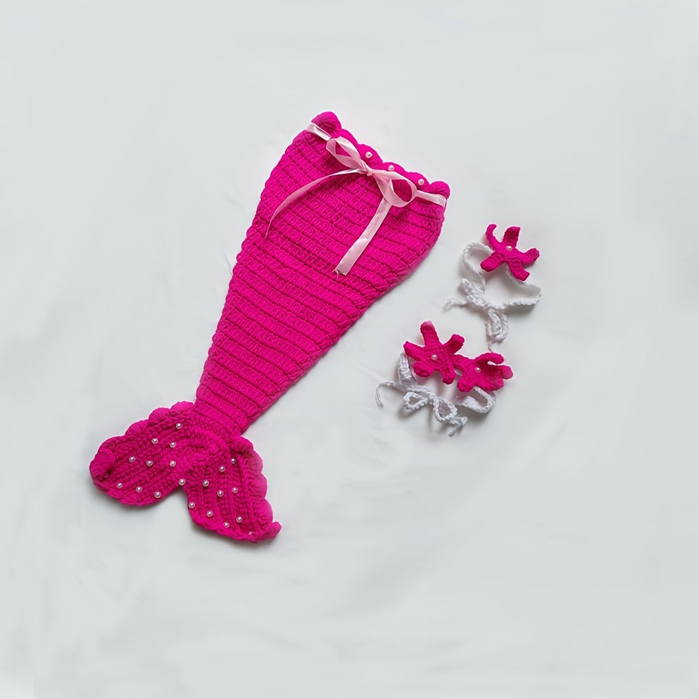 Children's Mermaid Theme Knitted Set - 3 Set,Including the train skirt、Bikini Top and Starfish Accessories,Very suitable for taking photos、Performance and festive costume,Red and magenta,Handmade Crochet,Photography Props,Holiday Gift