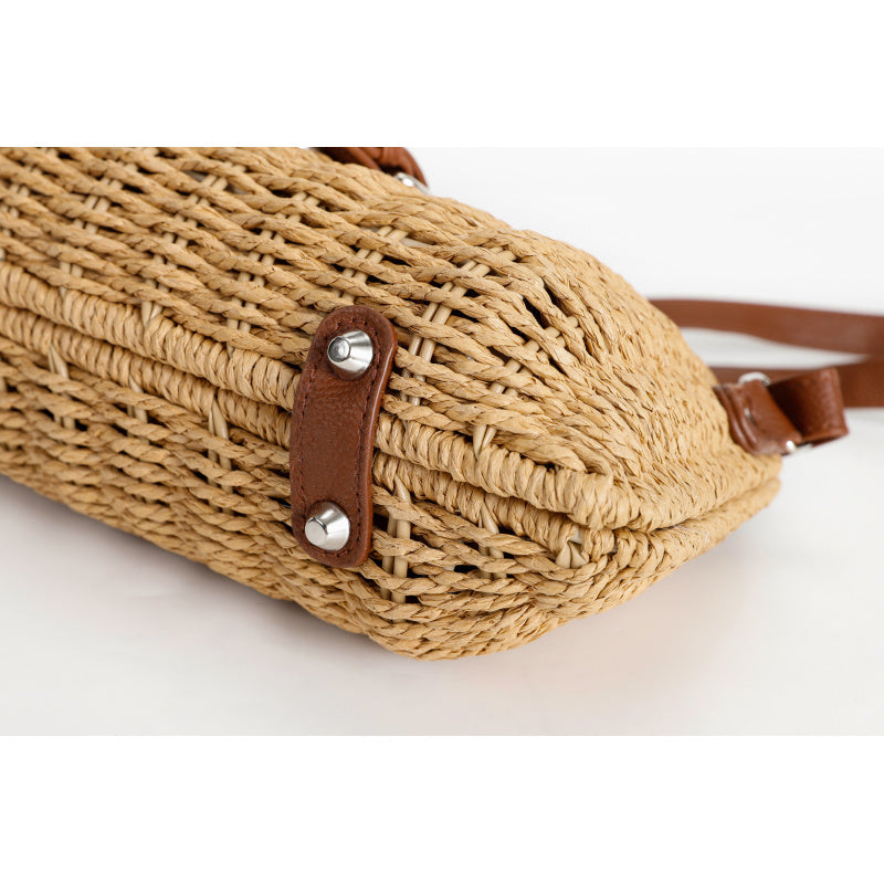 Forest Style Handwoven Tote Bag Top Layer Cowhide Flip Cover Metal Buckle Adjustable Strap Dual-use Bag Non-slip Base Design
