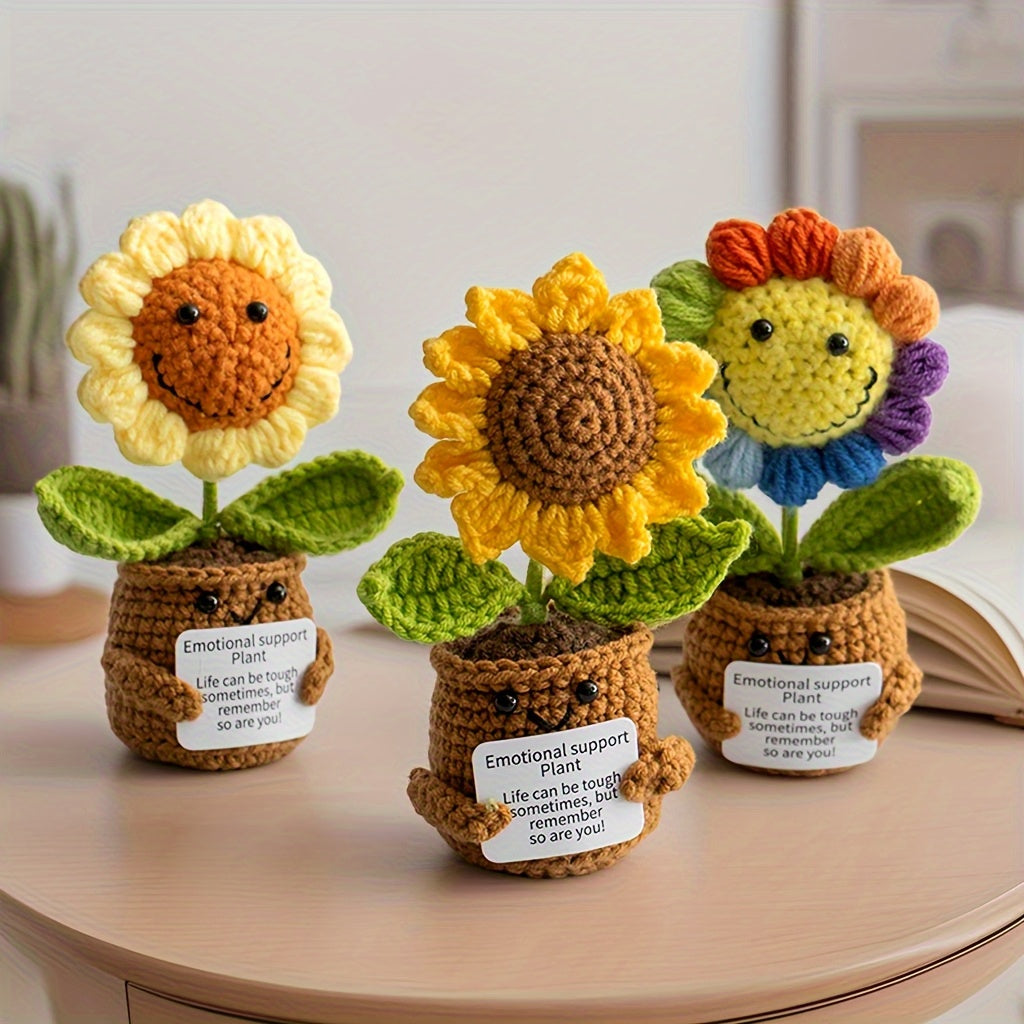 Handmade Crochet Sunflower Potted Plant with Inspirational Quotes - Rainbow Smiley Face Artificial Flower,Home、Office or desktop decoration - Mother's Day、Perfect choice for Valentine's Day or graduation gifts