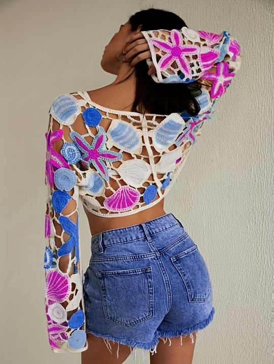 Women'S Bohemian Crochet Crop Top with Starfish & Seashell Design - V-Neck, Non-Stretch Fabric, Hollow Detail, Fashionable Beachwear with Drawstring Detail, Beach Coverup | Crochet Crop Top | Non-Stretch Fabric
