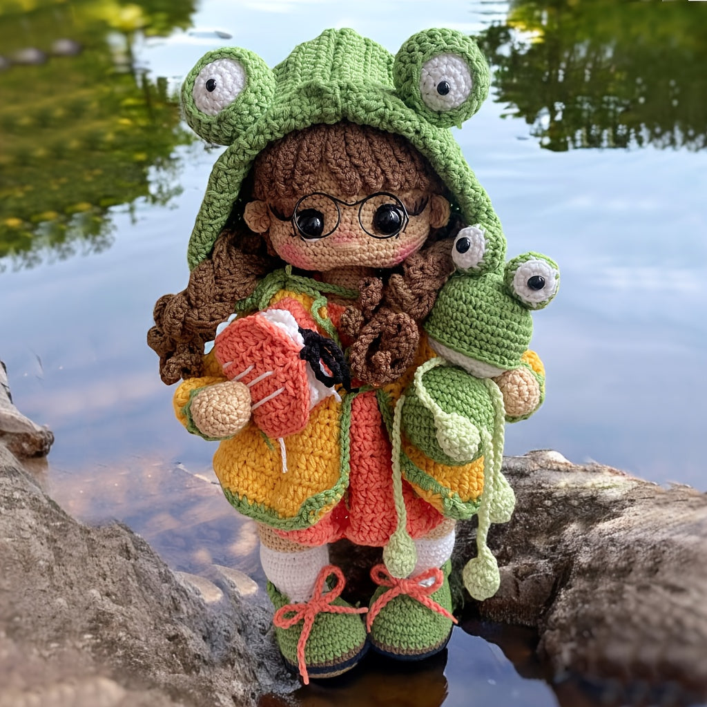 Little Girl with Frog Glasses Crochet Kit - DIY Crocheted Set with Yarn, Hooks, and Step-by-Step Tutorial, Perfect for Home Decor, Ideal Gift for Crochet Enthusiasts, Christmas and Birthday Present, Crochet Kits