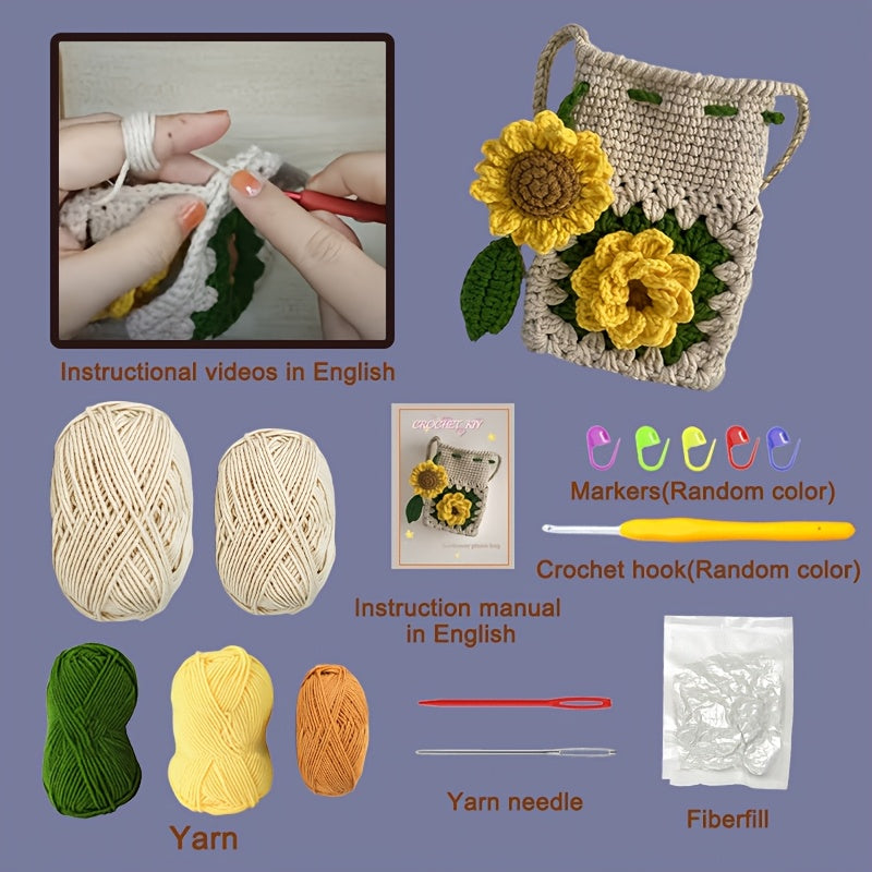 1 Beginner Crochet Kit Set,Suitable for Sunflower Phone Bag,Suitable for Beginners,Including English teaching videos、Crochet Kit for Adults