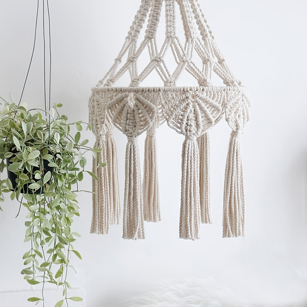 1Pieces Macrame Lampshade Bohemian Style Hanging Pendant Light Decorative Lampshade Hand Woven Pendant Light Decorative Tassel Lamp Shade - without Lights