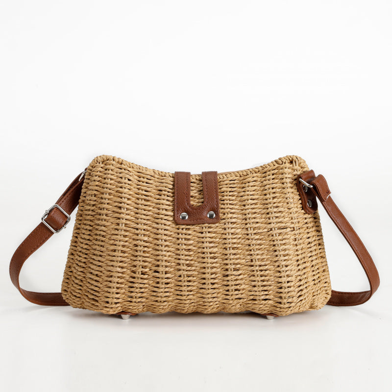 Forest Style Handwoven Tote Bag Top Layer Cowhide Flip Cover Metal Buckle Adjustable Strap Dual-use Bag Non-slip Base Design