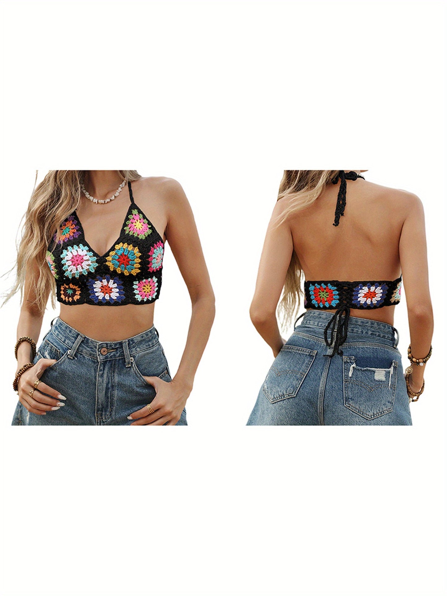 Womens Cami Tops Sleeveless Tie Halter Neck Crochet Floral Camisole Tops Summer Shirts