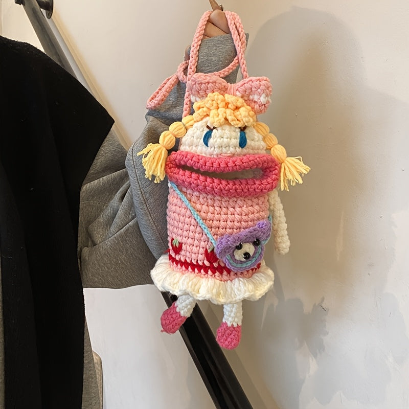 1PC,Handmade Crochet Bag Finished Product Quirky Girl Bag,Cute Sausage Mouth Knitted Bag,Unique Gifts,Women's Crossbody Bag for Mobile Phone,Creative Finished Yarn Shoulder Bag-No Lining