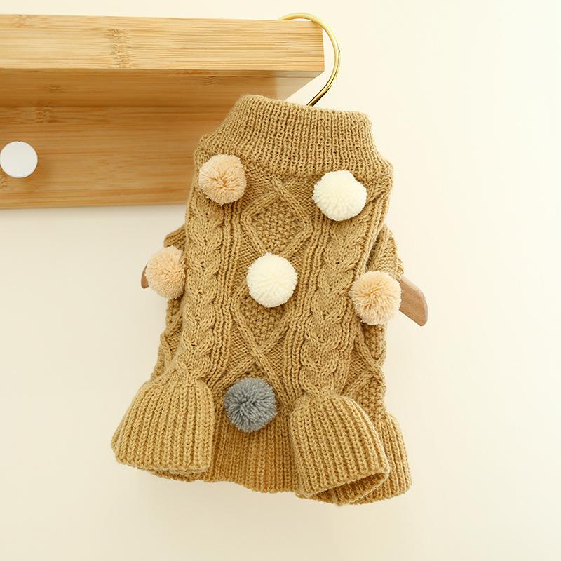 Puppy Pet Clothes Autumn Winter Knitted Warm Sweater Teddy Bichon Small Dog Pullover Yarn Dress-Pleated Wool Dress