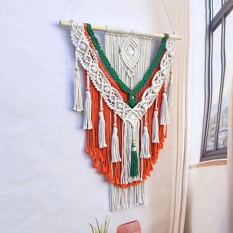 Handmade Geometric Pattern Tapestry - Bright Orange-Green Tassel Decoration Paired with White Accents,bohemian Style Home Office and Living Room Art,No Electricity Required Indoor Wall Decoration,Unique Gift Ideas