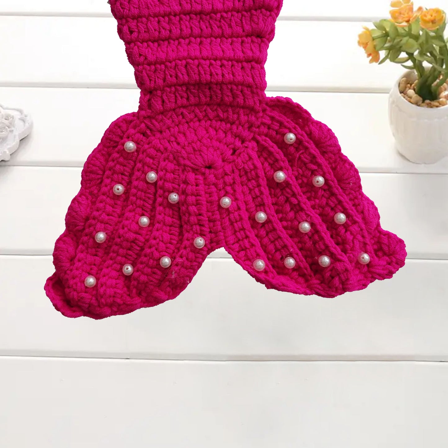 Children's Mermaid Theme Knitted Set - 3 Set,Including the train skirt、Bikini Top and Starfish Accessories,Very suitable for taking photos、Performance and festive costume,Red and magenta,Handmade Crochet,Photography Props,Holiday Gift