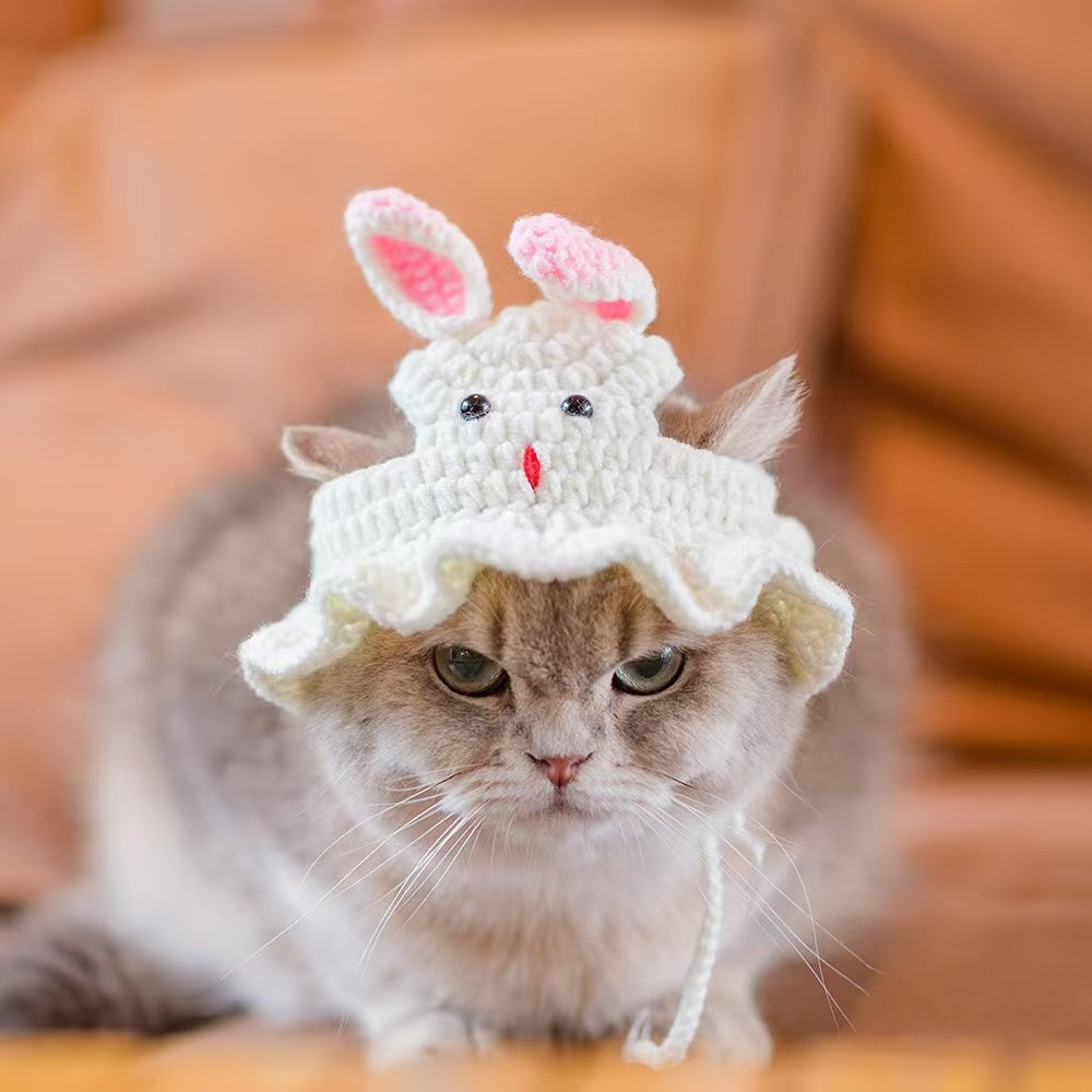 2Elegant Crochet Cat Hat with Bunny Ears,Ruffled edges and floral decorations - 100% Polyester Pet Clothing for Small to Medium Cats - Birthday、Holiday and Travel Photography Accessories - Comfortable Pet Clothing,Cute Bunny Theme,Comfortable Close-Fittin