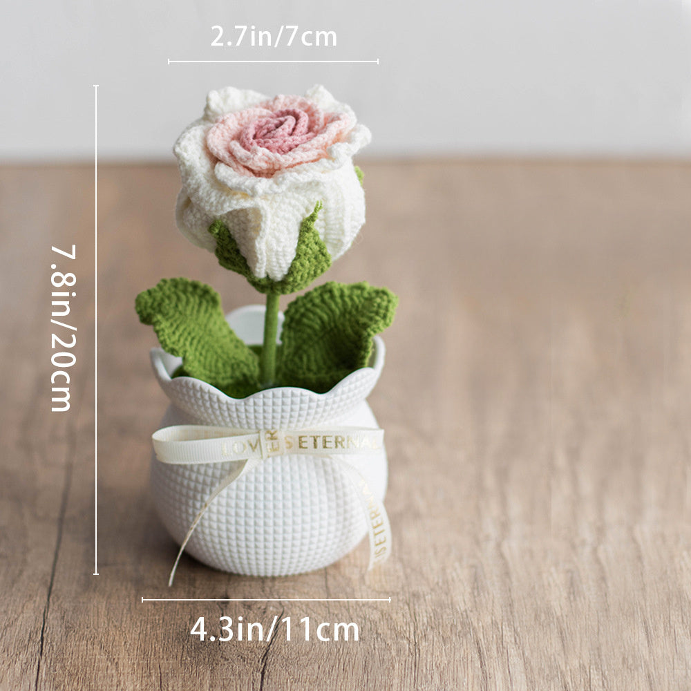 Finished Handmade Yarn Crochet Rose Artificial Flower Potted Plant Office Desk Potted Plant Knitted Flower Ornament