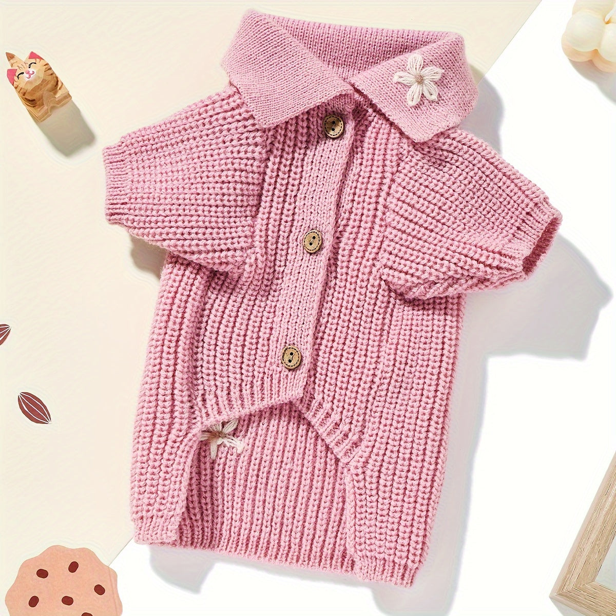 1Soft Knitted Pet Sweater,With floral button closure - All-Season Small Dog and Cat Cardigan,Pink and white edge design,Durable and Comfortable Pet Clothing,Exquisite Sewing,Breathable Material,Exclusive for Cat Lovers