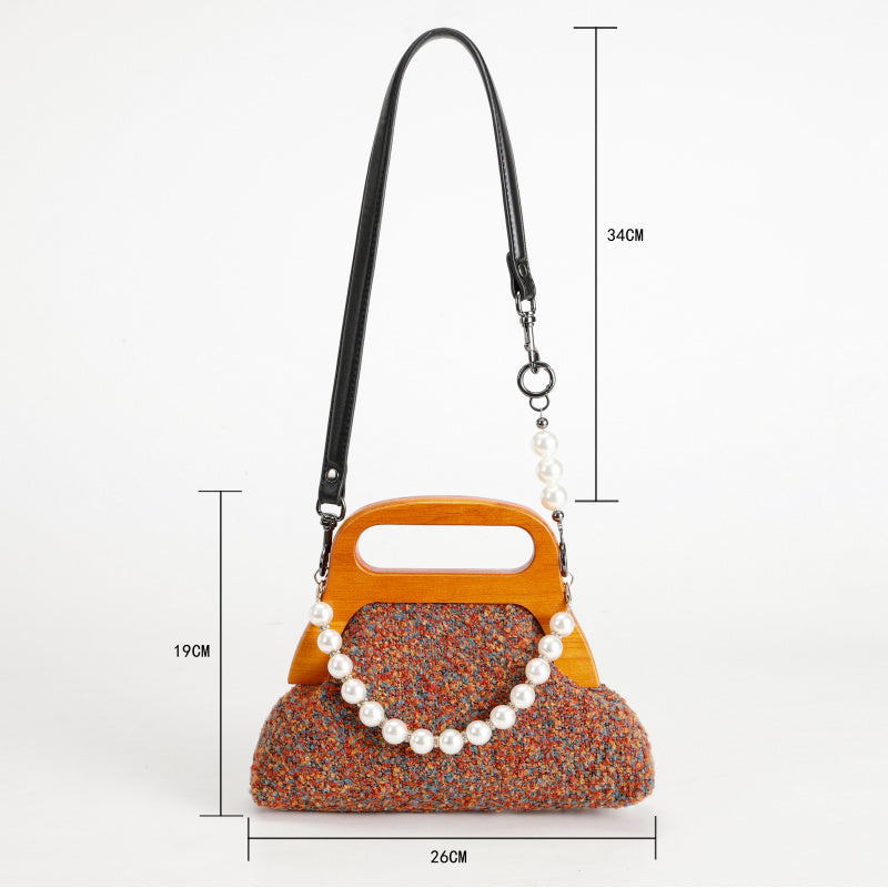 Elegant French Handbag Multicolored Wool Body Wood Handle Detachable Pearl Chain