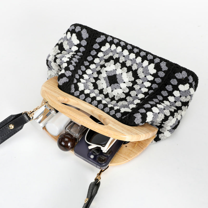 Vintage Handmade Black and White Crocheted Wooden Handle Crossbody Bag Leather Long Shoulder Strap+Metal Fasteners Mori Artistic Woven Bag