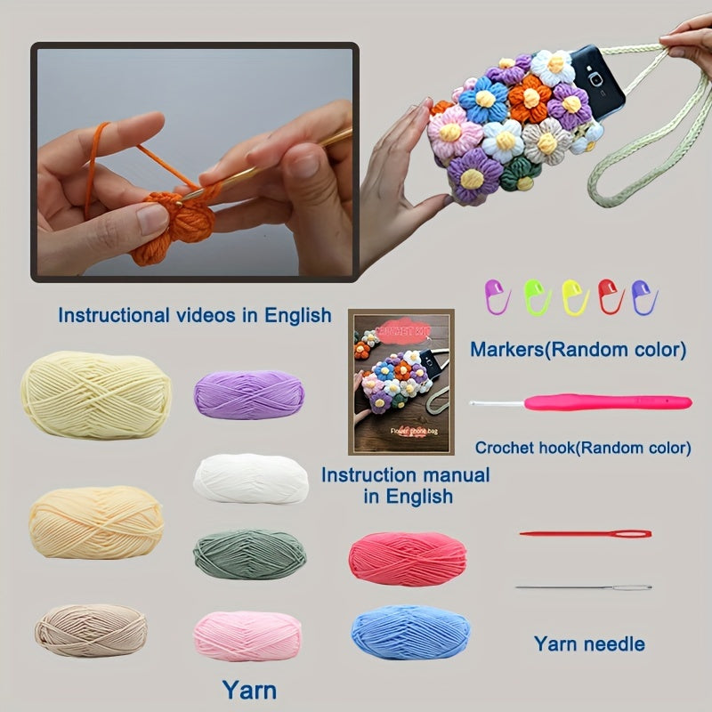 1 Beginner Crochet Kit for Making a Flower Phone Bag,Including English teaching videos、Crochet Kit for Adults